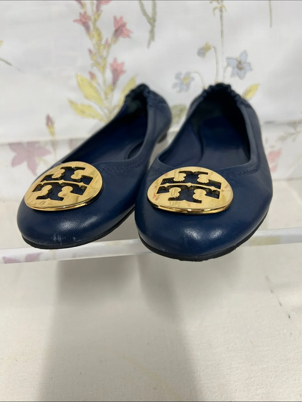 Tory Burch Navy Leather Ballet Flats with Gold Logo Medallions